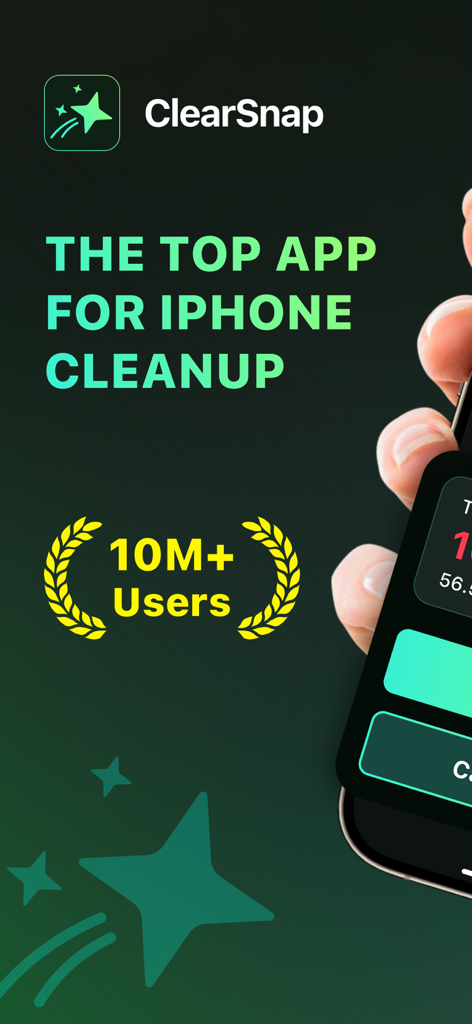 Pantalla promocional de la aplicación ClearSnap mostrando funciones de limpieza de almacenamiento de iPhone y una insignia de hito de 10 millones de usuarios