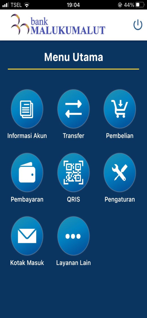 Bank Maluku Malut Mobile - Menú principal de la aplicación Bank Maluku Malut Mobile con iconos de información de cuenta, transferencia y pago