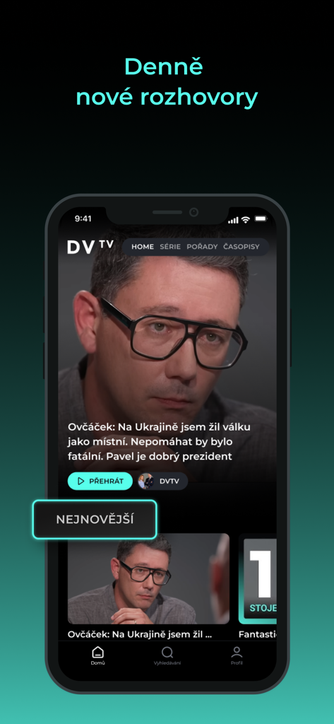 DVTV news app home screen featuring a video interview with the headline New interviews daily
