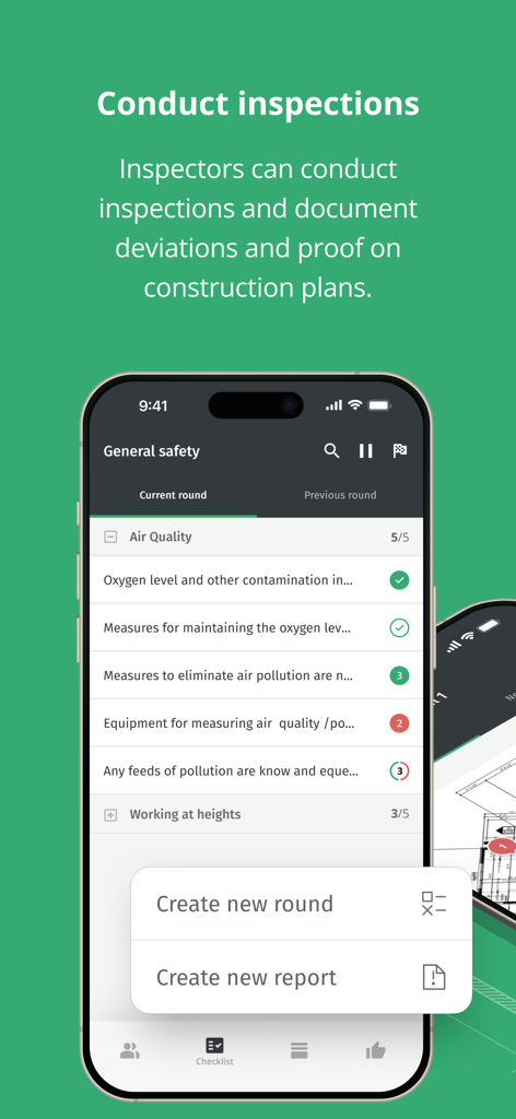 Infobric Field Mobile App-Bildschirm zeigt eine allgemeine Sicherheitsinspektionscheckliste für die Luftqualität auf einer Baustelle.