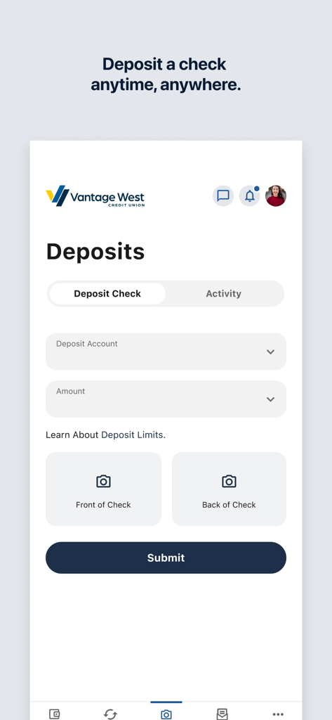 Vantage West Credit Union mobile app check deposit interface