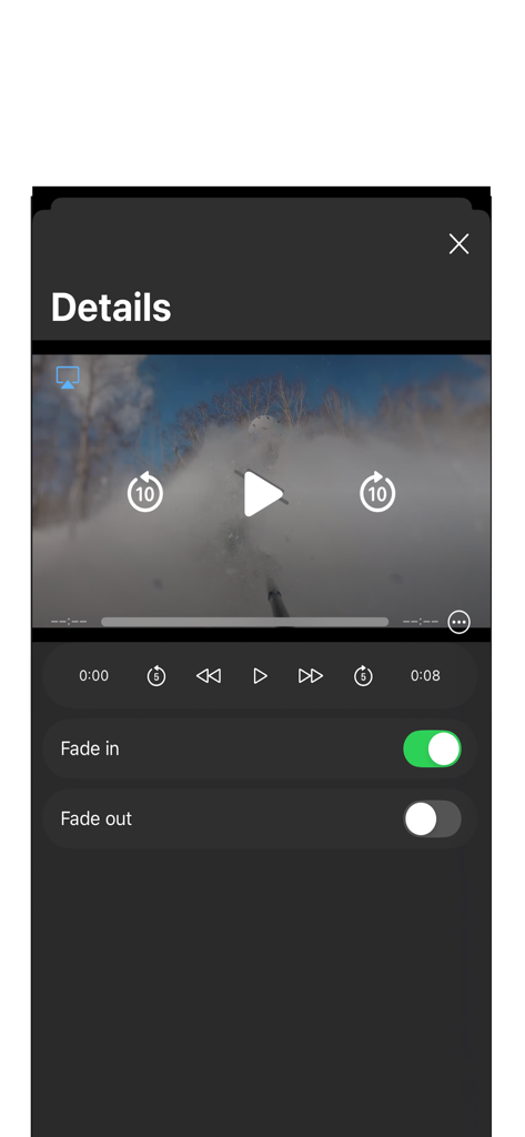 Video details interface with fade in and fade out toggles