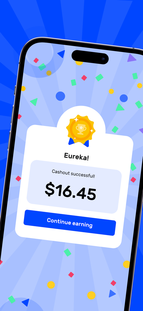 Earn.cc-Share Data, Earn Money - Una pantalla de smartphone de la aplicación Earn cc que muestra un retiro exitoso de dieciséis dólares por compartir datos