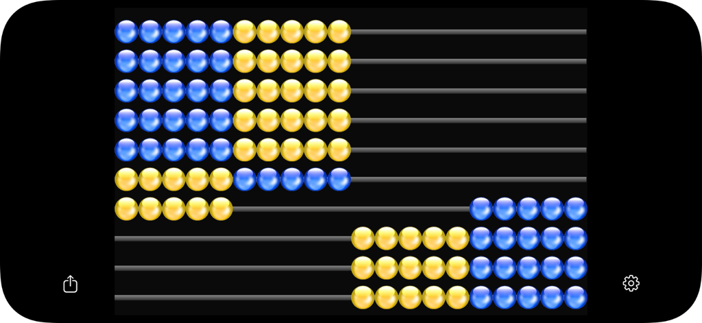 Un ábaco digital con filas de cuentas azules y amarillas para la educación matemática temprana.