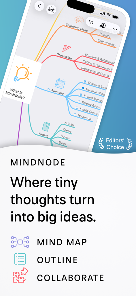 MindNode app introductory screen showing mind mapping, outline, and collaboration features with an Editors' Choice badge.