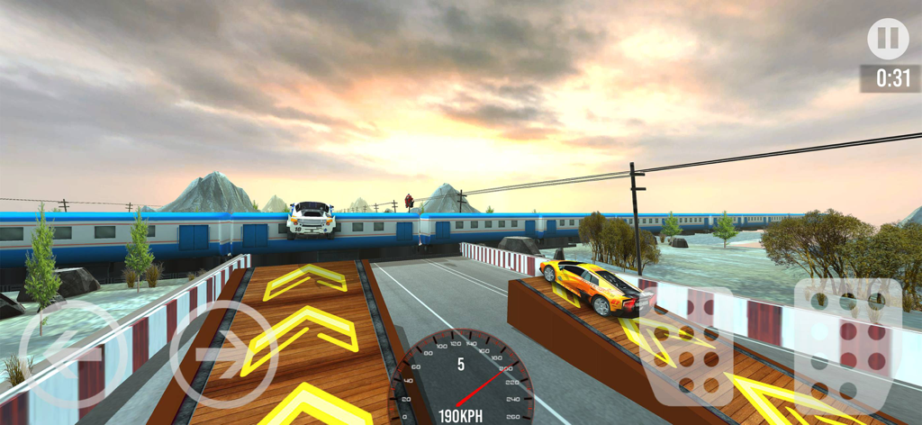 Car vs Bike Racing - Race Game - A yellow sports car driving on a stunt ramp next to a moving train in the Car vs Bike Racing game.