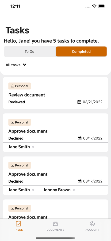 Onvio Client Center - Uno schermo dell'app Onvio Client Center che mostra un elenco di attività completate di revisione e approvazione dei documenti.