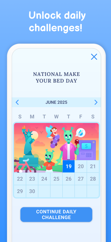 Schermata dell'app Cipher Master che mostra un calendario mensile con una sfida di puzzle di parole giornaliera per la Giornata Nazionale di Rifare il Letto