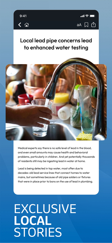 Omaha World-Herald app displaying an exclusive local news story about water safety and lead pipe testing