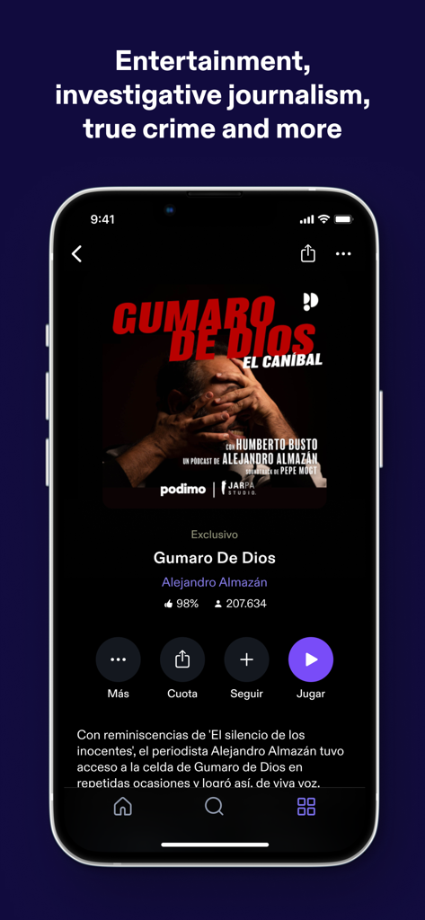 Podimo mobile app interface featuring an exclusive true crime podcast titled Gumaro De Dios.