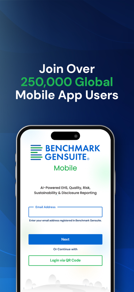 Benchmark Gensuite Mobile app login screen showcasing its AI powered EHS and sustainability reporting features for over 250,000 users.