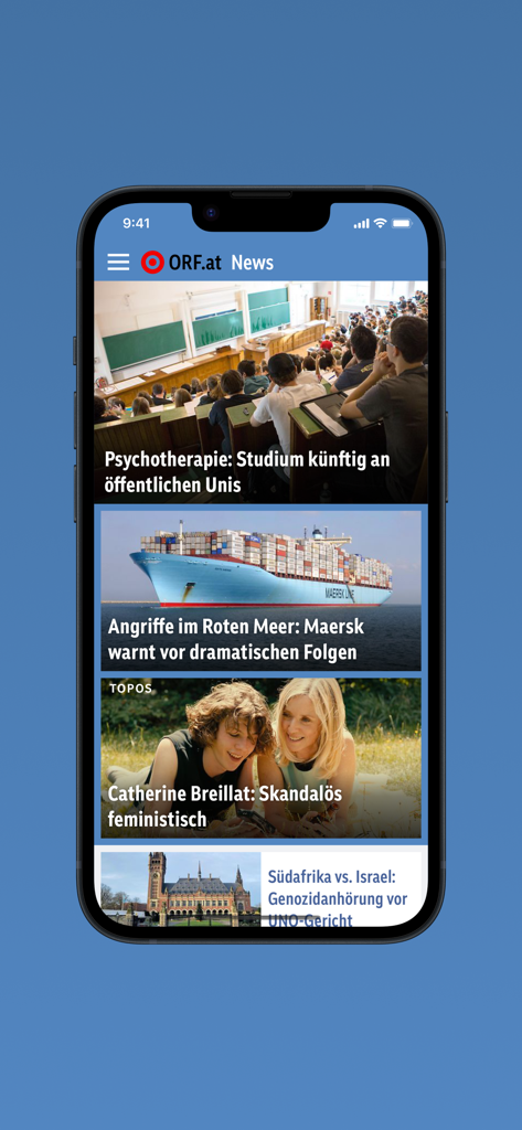 ORF.at News - ORF.at News mobile app interface on an iPhone displaying German news headlines