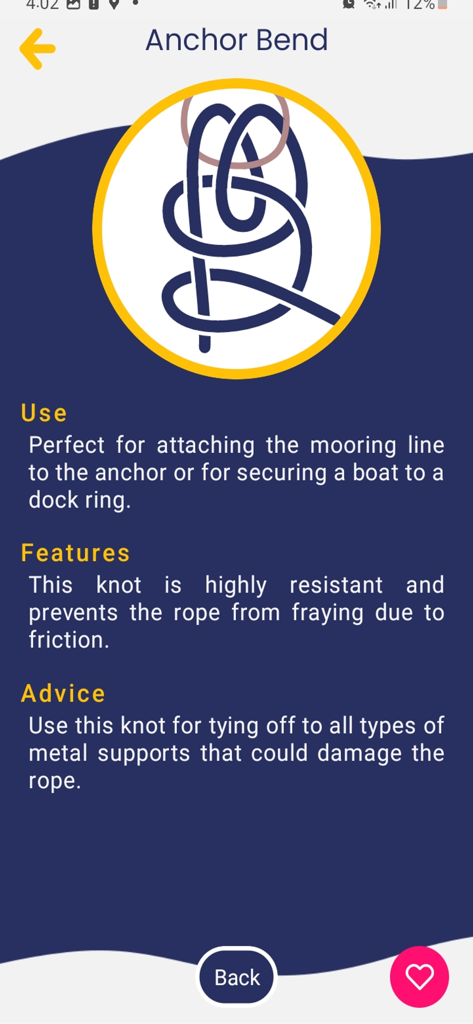 Marine Knots - Educational screen showing the Anchor Bend knot with usage instructions and nautical advice
