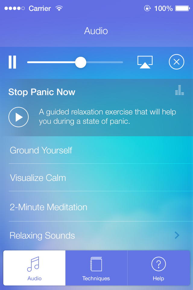 Calm Down Now™ - La pantalla de selección de audio de la aplicación Calm Down Now que muestra sesiones de relajación guiada como Stop Panic Now y Ground Yourself
