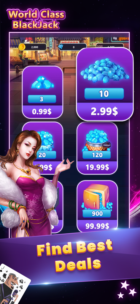 Poker Slots BlackJack 21 - Pantalla de tienda dentro de la app para Poker Slots BlackJack 21 que muestra varios paquetes de gemas y sus precios de compra.
