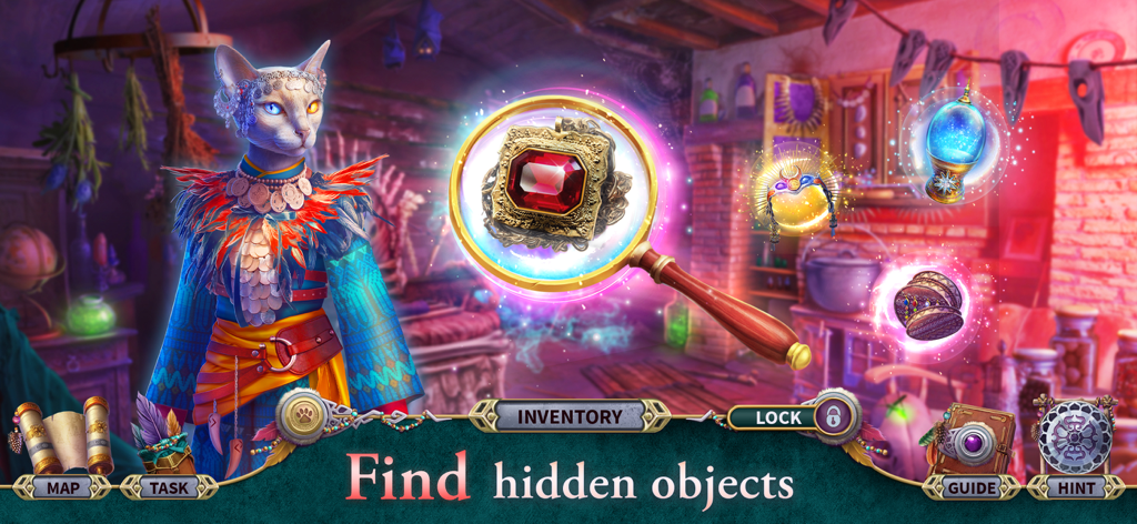 Knight Cats 3: Solve Mystery - A white cat shaman character standing in a magical room next to a magnifying glass revealing a hidden red jewel.