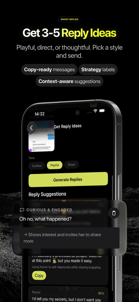 Hint AI: Dating Coach & Rizz - Hint AI app interface showing generated reply suggestions for a dating chat