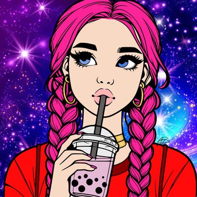 realistic girl with braided hair drinking boba