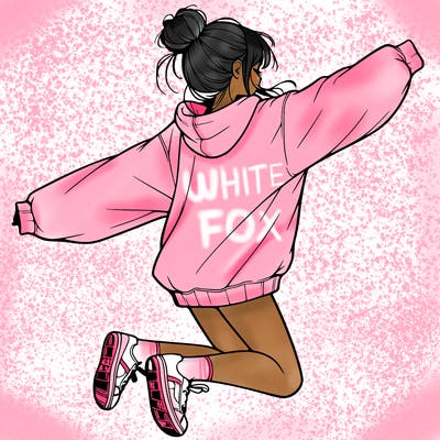 realistic girl jumping with a bun and oversized sweatshirt