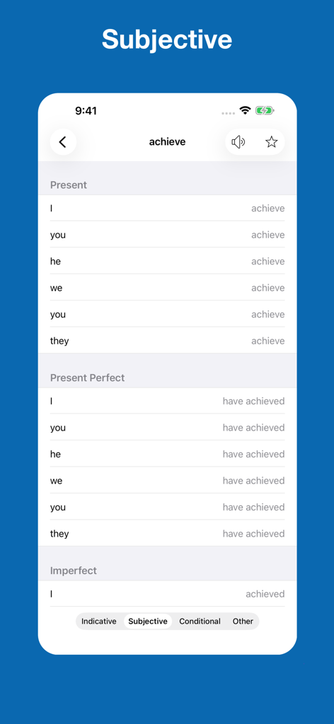 English Verb Conjugation - Captura de tela mostrando a conjugação do verbo 'achieve' no modo subjuntivo