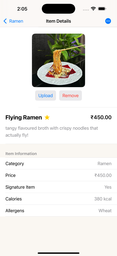 The Lazy Potato - Mobile screen showing restaurant menu item details with photo price calories and allergen information in the Lazy Potato app