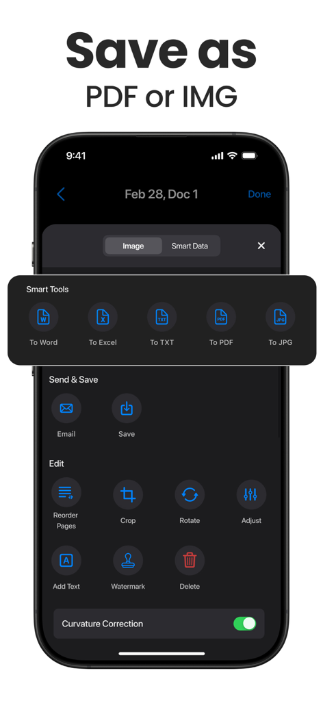 Scanner App - Scan PDF & Docs - Scanner Appのインターフェースで、iPhone上のドキュメントエクスポート形式と編集ツールを表示。