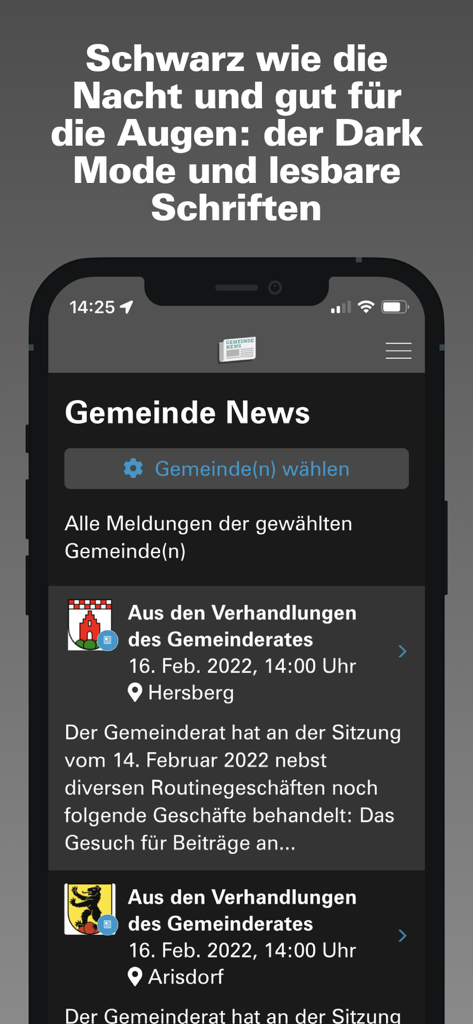 Screenshot of the Gemeinde-News app displaying local news updates in dark mode