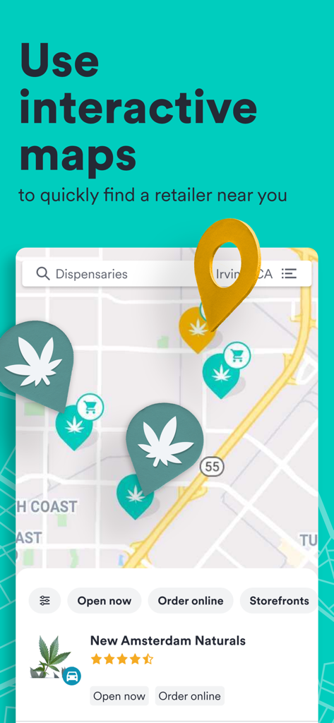 Weedmaps: Buy Local Weed - Interface of the Weedmaps app displaying an interactive map to locate nearby cannabis dispensaries and retailers.