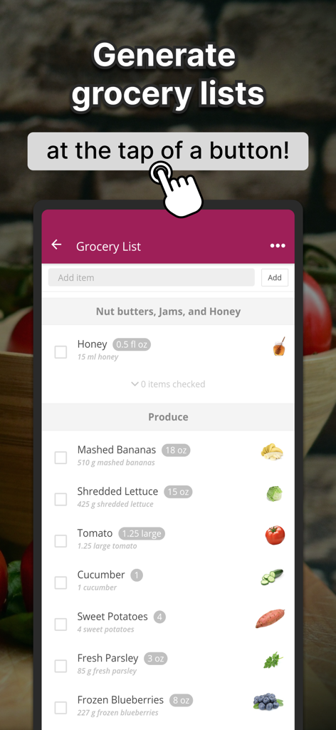 Una interfaz de aplicación móvil que muestra una lista de la compra categorizada con artículos como productos agrícolas y miel