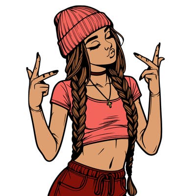realistic teenage girl with braids and a beanie and crop top doing 🫶🏼
