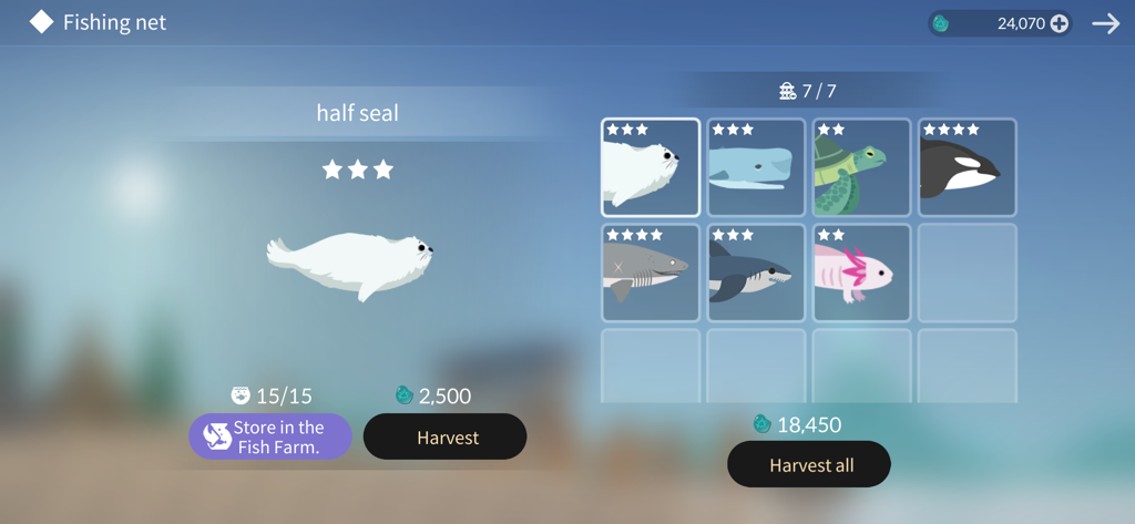 Casting Away - Inventory screen of the game Casting Away showing a collection of caught sea creatures including a seal turtle and sharks