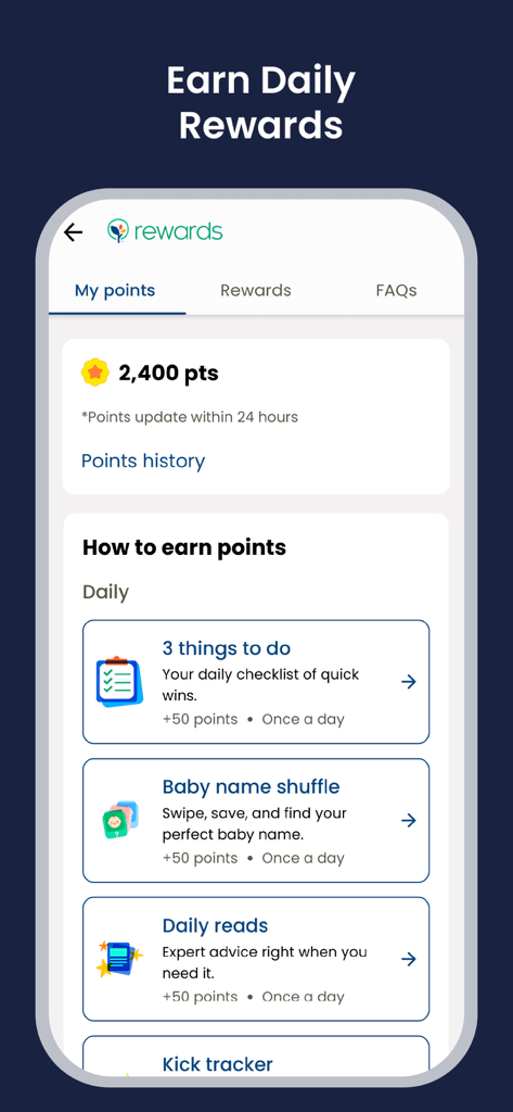 Interfaz de recompensas de la aplicación BabyCenter que muestra puntos de lealtad y tareas diarias para ganar más.