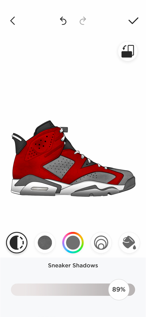 Custom Kicks - A high-top sneaker being customized in the Custom Kicks app with the shading slider set to 89 percent.