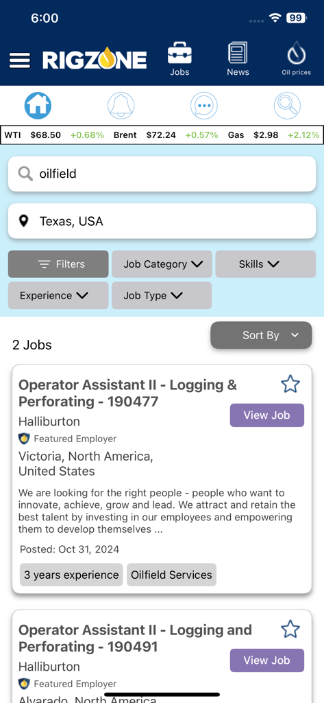 Rigzone mobile app showing oilfield job listings in Texas with live oil and gas price updates