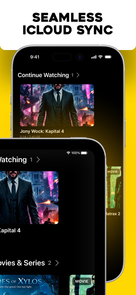 Interface de l'application IPTV Player Flux montrant la synchronisation iCloud transparente entre iPhone et iPad