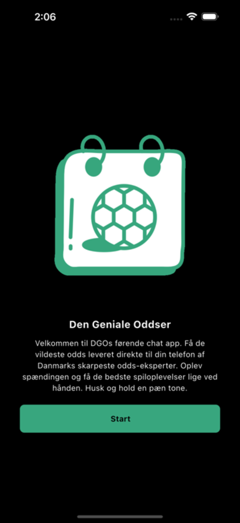 DGO - Schermata iniziale dell'app Den Geniale Oddser con un'icona a forma di calendario con un pallone da calcio e un pulsante di avvio