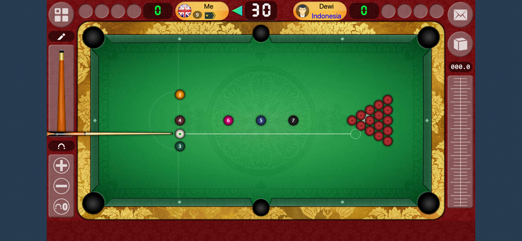 Top-down view of a digital billiards table during a multiplayer match showing balls and aiming cue