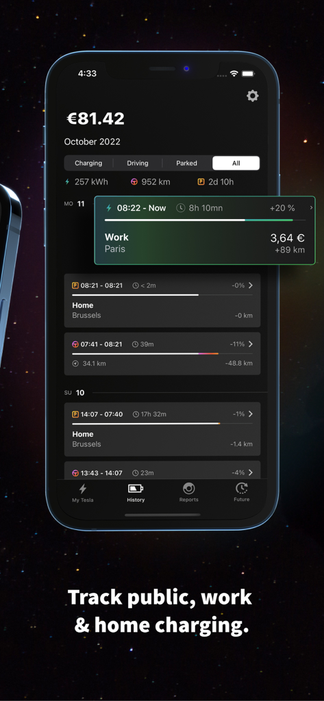 EEVEE - Track charging costs - EEVEE app interface showing a detailed history log of electric vehicle charging sessions and costs at home and work locations