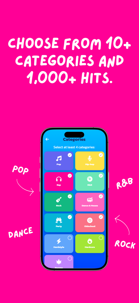 GuessTheSong - Music Trivia - Selection screen of GuessTheSong music trivia app showing over 10 music genres