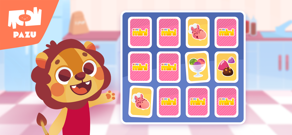 Toddler memory matching game interface with a friendly cartoon lion and colorful cards