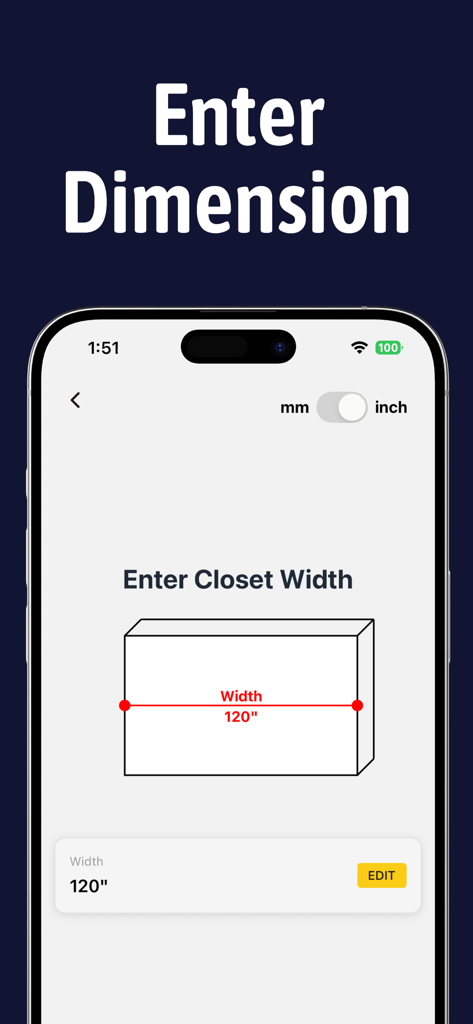Interfaz de aplicación móvil para ingresar la dimensión del ancho del closet en pulgadas con un diagrama 3D
