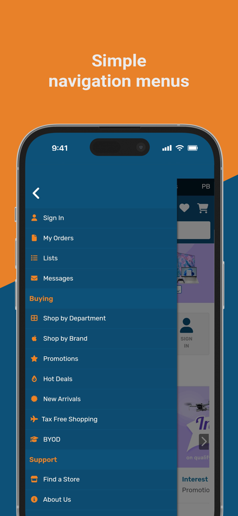 PB Tech - Écran de smartphone affichant le menu latéral de navigation de l'application PB Tech avec des catégories telles que « Magasiner par rayon », « Promotions » et « Trouver un magasin ».