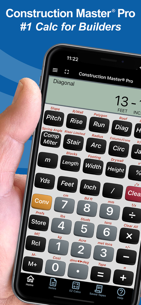 Construction Master Pro Calc - Hand holding a smartphone displaying the Construction Master Pro calculator app for construction professionals