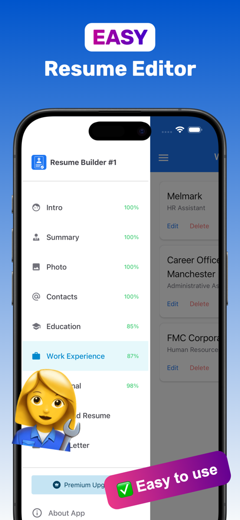 CV Resume Maker ¹ - Interfaz de la aplicación CV Resume Maker mostrando secciones de creación de currículums con porcentajes de finalización