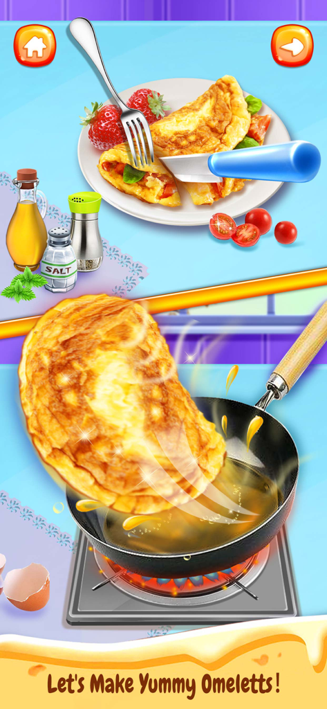 Une capture d'écran d'un jeu de cuisine mobile montrant la préparation d'une omelette sur une cuisinière.