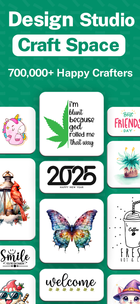 Una collezione di design artigianali e file di taglio SVG, tra cui una farfalla, un unicorno e etichette tipografiche per progetti fai-da-te.