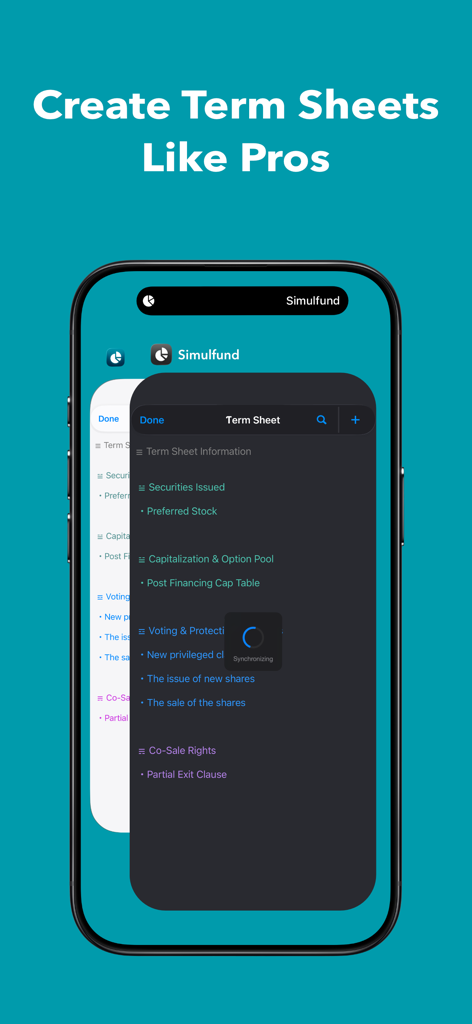 Simulfund * Startup Funding - プロフェッショナルなスタートアップタームシートと法的条項を作成するためのSimulfundアプリのインターフェイス