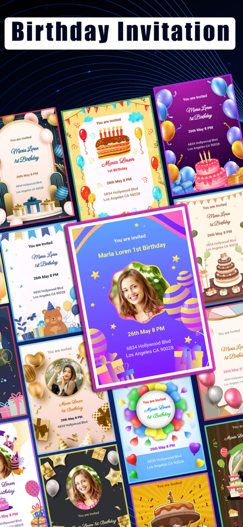 写真やイラストを使った、カスタマイズ可能な誕生日招待状テンプレートのコレクション
