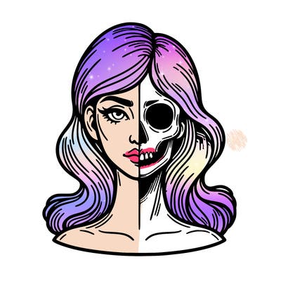 bust of a woman, half face and hair, half skull