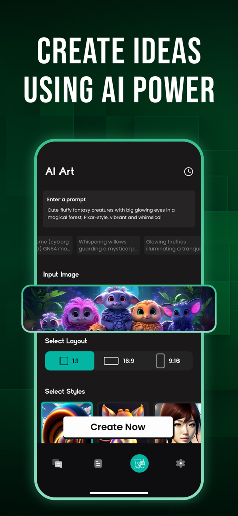 A tela de criação de arte com IA do aplicativo Pergunte-me Qualquer Coisa mostrando um prompt de texto para imagem e criaturas de fantasia geradas.